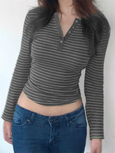 Spring Autumn Striped Casual Long Sleeve Buttons Up Slim Fit V-neck Basic Streetwear Tee